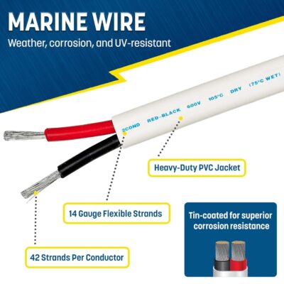 GS Power Marine Wire - 100 Ft, 14 Gauge AWG Electrical Boat Wiring - Oxygen-Free Insulated Black and Red Sheathed Copper