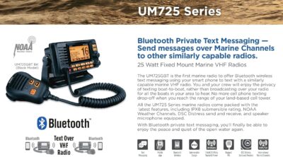 Uniden UM725GBT Marine VHF Radio, All USA, Canada, and Intl. Marine Channels, 1Watt/25Watt Transmit Power, Largest LCD Screen in Class, NOAA Weather Channels, Speaker Mic, GPS Built-in, and Bluetooth