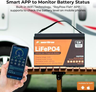 12V 100Ah LiFePO4 Lithium Battery with Smart APP, 4000-8000 Deep Cycles LiFePO4 Battery, Built-in 100A BMS, Real-Time Battery Monitor Function for RV, Marine, Off Grid Applications