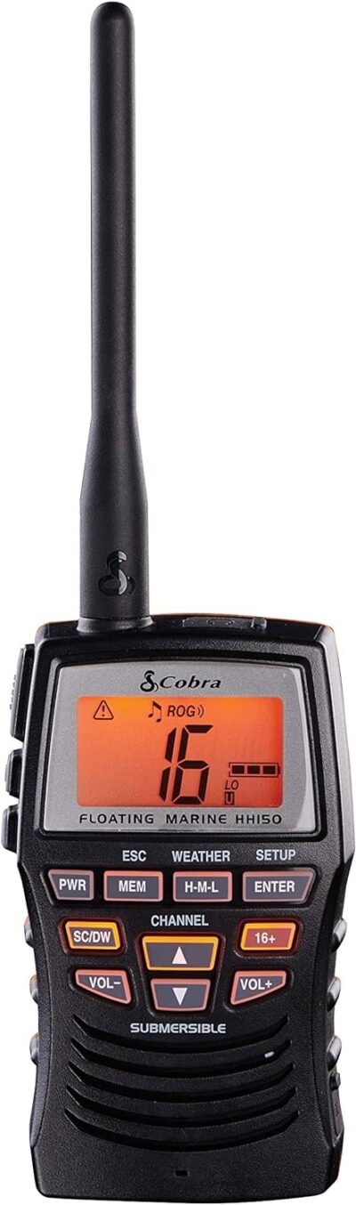 Cobra Marine Radio - MR HH150 FLT - 3 Watt, Floating, Long Range, Handheld, VHF Radio, NOAA, International, Waterproof, Submersible, Weather Alerts, LCD Screen, Belt Clip