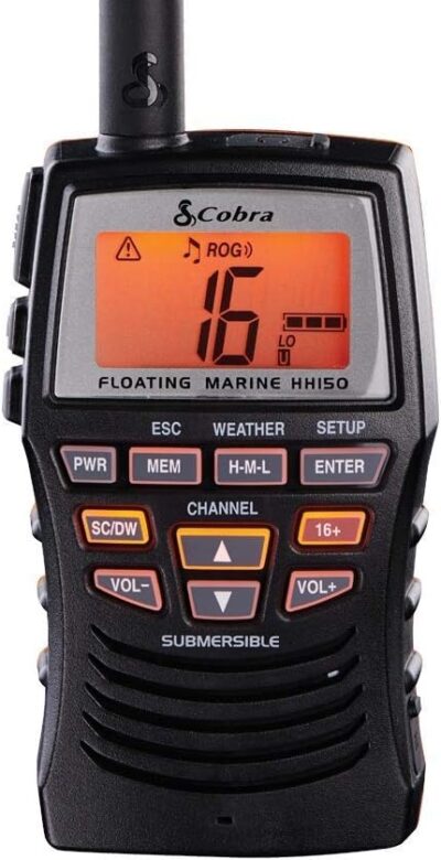 Cobra Marine Radio - MR HH150 FLT - 3 Watt, Floating, Long Range, Handheld, VHF Radio, NOAA, International, Waterproof, Submersible, Weather Alerts, LCD Screen, Belt Clip