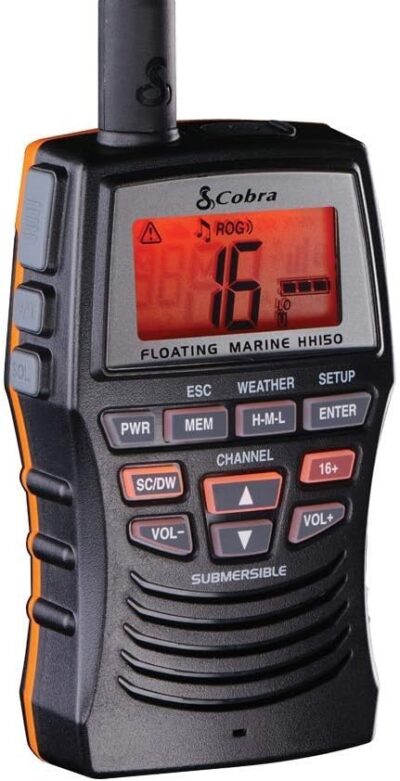 Cobra Marine Radio - MR HH150 FLT - 3 Watt, Floating, Long Range, Handheld, VHF Radio, NOAA, International, Waterproof, Submersible, Weather Alerts, LCD Screen, Belt Clip