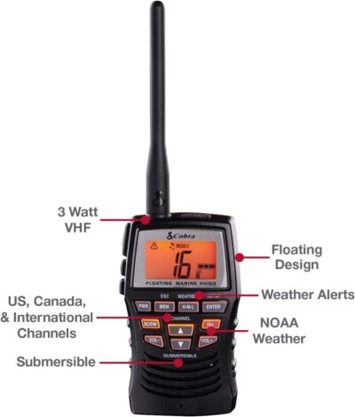 Cobra Marine Radio - MR HH150 FLT - 3 Watt, Floating, Long Range, Handheld, VHF Radio, NOAA, International, Waterproof, Submersible, Weather Alerts, LCD Screen, Belt Clip