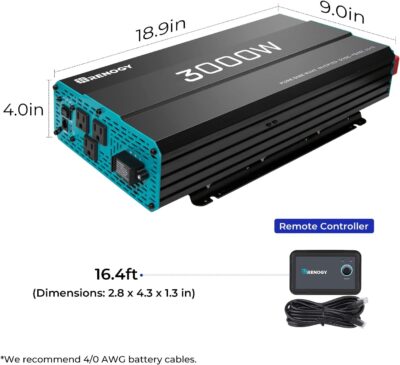 Renogy 3000W Pure Sine Wave Inverter 12V DC to 120V AC Converter for Home, RV, Truck, Off-Grid Solar Power Inverter with Built-in 5V/2.1A USB, AC Hardwire Port, Remote Controller - Image 9
