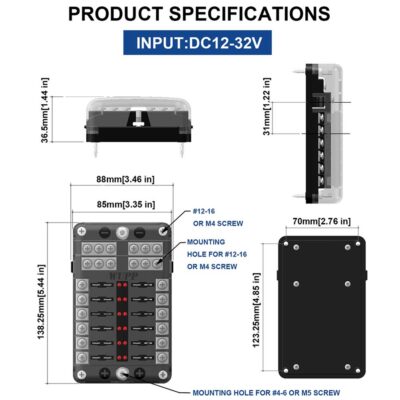 WUPP Boat Marine Fuse Block Panel with LED Warning Indicator Damp-Proof Cover - 12 Circuits with Negative Bus Fuse Box Holder Screw for Car Marine RV Truck DC 12-24V, Fuses Included