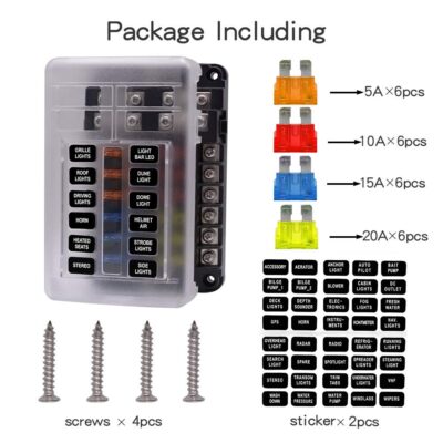 WUPP Boat Marine Fuse Block Panel with LED Warning Indicator Damp-Proof Cover - 12 Circuits with Negative Bus Fuse Box Holder Screw for Car Marine RV Truck DC 12-24V, Fuses Included