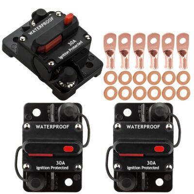 Hamolar 3 Pack 30 Amp Auto Car Stereo Audio Circuit Breaker Fuse 12-48VDC Manual Reset Button Switch Fuses, with Wire Lugs Copper Washer