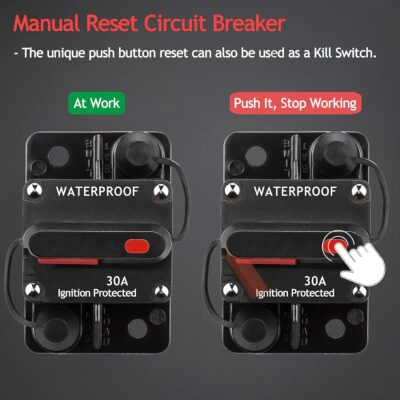 Hamolar 3 Pack 30 Amp Auto Car Stereo Audio Circuit Breaker Fuse 12-48VDC Manual Reset Button Switch Fuses, with Wire Lugs Copper Washer