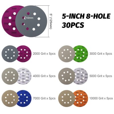 POLIWELL 120pcs 5 Inch Sanding Discs Hook  Loop 8 Holes