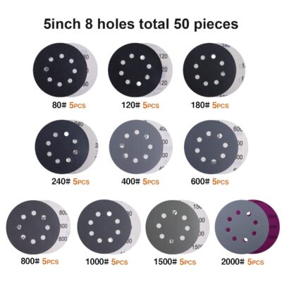 POLIWELL 120pcs 5 Inch Sanding Discs Hook  Loop 8 Holes