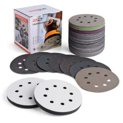 POLIWELL 120pcs 5 Inch Sanding Discs Hook  Loop 8 Holes