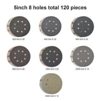 POLIWELL 120pcs 5 Inch Sanding Discs Hook  Loop 8 Holes