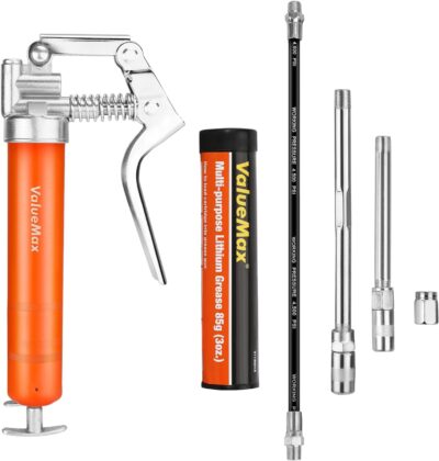 ValueMax Mini Grease Gun Kit (3500 PSI) with 3 OZ Grease, 12'' Flexible Hose, 5'' & 3” Extension Tubes, Pistol Grip, Reinforced Construction, Fit for Automotive, Marine, Industrial