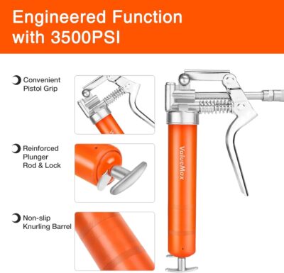 ValueMax Mini Grease Gun Kit (3500 PSI) with 3 OZ Grease, 12'' Flexible Hose, 5'' & 3” Extension Tubes, Pistol Grip, Reinforced Construction, Fit for Automotive, Marine, Industrial