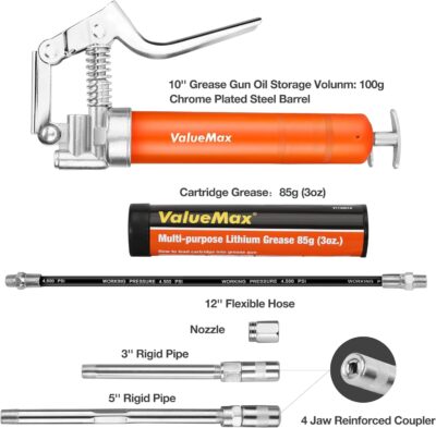 ValueMax Mini Grease Gun Kit (3500 PSI) with 3 OZ Grease, 12'' Flexible Hose, 5'' & 3” Extension Tubes, Pistol Grip, Reinforced Construction, Fit for Automotive, Marine, Industrial