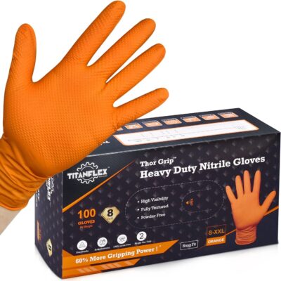 Thor Grip Heavy Duty Industrial Orange Nitrile Gloves with Raised Diamond Texture, 8-mil, Latex Free, Powder Free