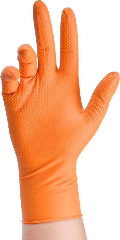 Thor Grip Heavy Duty Industrial Orange Nitrile Gloves with Raised Diamond Texture, 8-mil, Latex Free, Powder Free