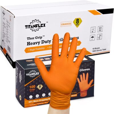 Thor Grip Heavy Duty Industrial Orange Nitrile Gloves with Raised Diamond Texture, 8-mil, Latex Free, Powder Free