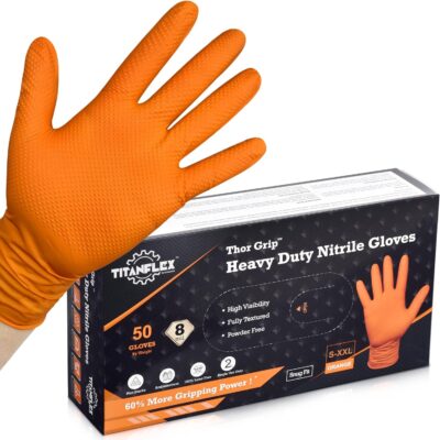 Thor Grip Heavy Duty Industrial Orange Nitrile Gloves with Raised Diamond Texture, 8-mil, Latex Free, Powder Free