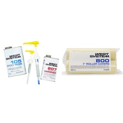 WEST SYSTEM 105A Epoxy Resin (32 fl oz) Bundle with 207SA Special Clear Epoxy Hardener (10.6 fl oz) and 300 Mini Pumps Epoxy Metering 3-Pack Pump Set (3 Items)