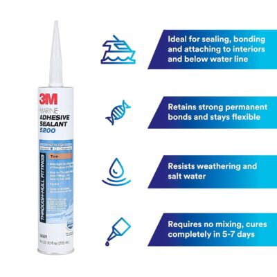 3M Marine Adhesive Sealant 5200 (06500) Permanent Bonding and Sealing for Boats and RVs Above and Below the Waterline Waterproof Repair, White, 10 fl oz Cartridge