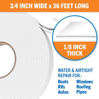 Butyl Tape RV and Marine Boat Windows and Sealing White Double Sided Putty Tape RV Window Seal Kit Butyl Sealant Tape Outdoor Waterproof Rubber Caulking Tape 1/8 x 3/4 x 36 FT White