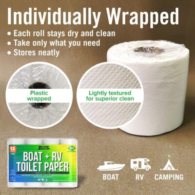 Boat and RV Toilet Paper Septic Safe Tissue Toilet Quick Dissolving 12 Single (1) Rolls for Marine and Travel Camper Systems Camping Biodegradable Supplies Dissolve and Tank Safe | TP Bulk Pack 2 Ply