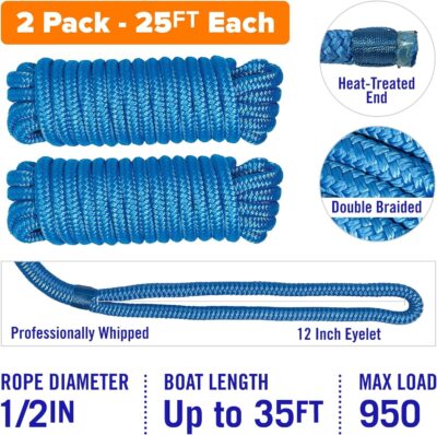 Boat Dock Lines & Rope Boat Ropes for Docking 1/2" Line Braided Mooring Marine Rope 25FT 1/2 Inch Nylon Rope Boat Dock Lines for Docking Boat Lines Boating Rope Braided with Loop Black 2 Pk