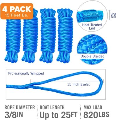 Boat Dock Lines & Rope Boat Ropes for Docking 1/2" Line Braided Mooring Marine Rope 25FT 1/2 Inch Nylon Rope Boat Dock Lines for Docking Boat Lines Boating Rope Braided with Loop Black 2 Pk