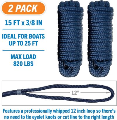 Boat Dock Lines & Rope Boat Ropes for Docking 1/2" Line Braided Mooring Marine Rope 25FT 1/2 Inch Nylon Rope Boat Dock Lines for Docking Boat Lines Boating Rope Braided with Loop Black 2 Pk