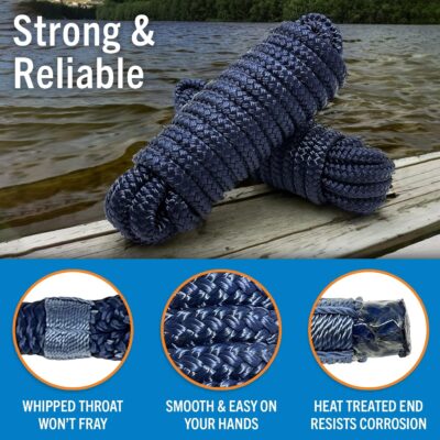 Boat Dock Lines & Rope Boat Ropes for Docking 1/2" Line Braided Mooring Marine Rope 25FT 1/2 Inch Nylon Rope Boat Dock Lines for Docking Boat Lines Boating Rope Braided with Loop Black 2 Pk