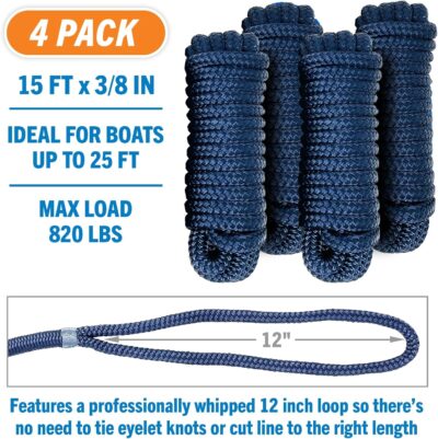 Boat Dock Lines & Rope Boat Ropes for Docking 1/2" Line Braided Mooring Marine Rope 25FT 1/2 Inch Nylon Rope Boat Dock Lines for Docking Boat Lines Boating Rope Braided with Loop Black 2 Pk