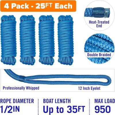 Boat Dock Lines & Rope Boat Ropes for Docking 1/2" Line Braided Mooring Marine Rope 25FT 1/2 Inch Nylon Rope Boat Dock Lines for Docking Boat Lines Boating Rope Braided with Loop Black 2 Pk