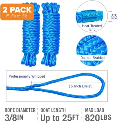 Boat Dock Lines & Rope Boat Ropes for Docking 1/2" Line Braided Mooring Marine Rope 25FT 1/2 Inch Nylon Rope Boat Dock Lines for Docking Boat Lines Boating Rope Braided with Loop Black 2 Pk