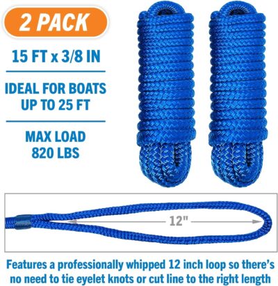 Boat Dock Lines & Rope Boat Ropes for Docking 1/2" Line Braided Mooring Marine Rope 25FT 1/2 Inch Nylon Rope Boat Dock Lines for Docking Boat Lines Boating Rope Braided with Loop Black 2 Pk