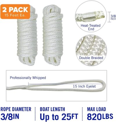 Boat Dock Lines & Rope Boat Ropes for Docking 1/2" Line Braided Mooring Marine Rope 25FT 1/2 Inch Nylon Rope Boat Dock Lines for Docking Boat Lines Boating Rope Braided with Loop Black 2 Pk