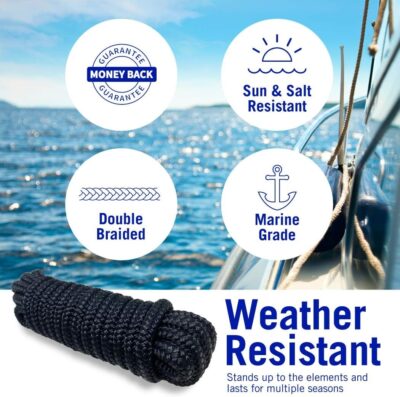 Boat Dock Lines & Rope Boat Ropes for Docking 1/2" Line Braided Mooring Marine Rope 25FT 1/2 Inch Nylon Rope Boat Dock Lines for Docking Boat Lines Boating Rope Braided with Loop Black 2 Pk