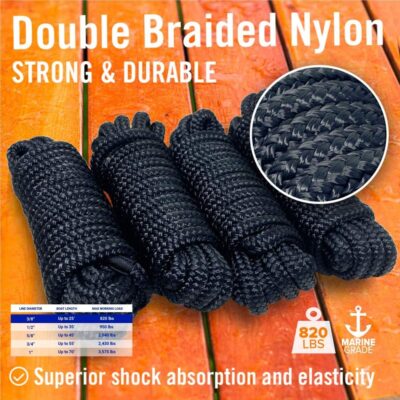 Boat Dock Lines & Rope Boat Ropes for Docking 1/2" Line Braided Mooring Marine Rope 25FT 1/2 Inch Nylon Rope Boat Dock Lines for Docking Boat Lines Boating Rope Braided with Loop Black 2 Pk