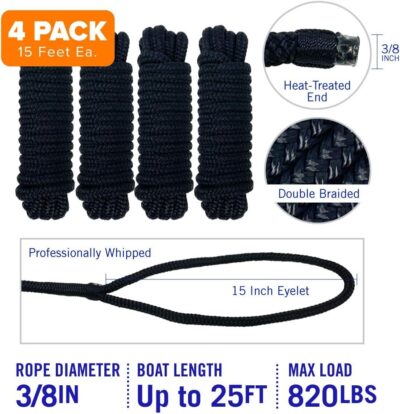 Boat Dock Lines & Rope Boat Ropes for Docking 1/2" Line Braided Mooring Marine Rope 25FT 1/2 Inch Nylon Rope Boat Dock Lines for Docking Boat Lines Boating Rope Braided with Loop Black 2 Pk