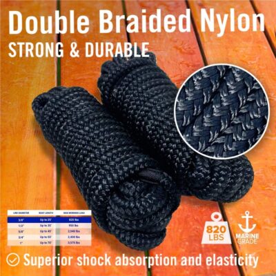 Boat Dock Lines & Rope Boat Ropes for Docking 1/2" Line Braided Mooring Marine Rope 25FT 1/2 Inch Nylon Rope Boat Dock Lines for Docking Boat Lines Boating Rope Braided with Loop Black 2 Pk