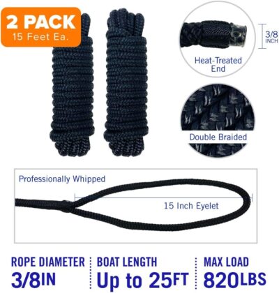 Boat Dock Lines & Rope Boat Ropes for Docking 1/2" Line Braided Mooring Marine Rope 25FT 1/2 Inch Nylon Rope Boat Dock Lines for Docking Boat Lines Boating Rope Braided with Loop Black 2 Pk