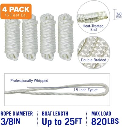 Boat Dock Lines & Rope Boat Ropes for Docking 1/2" Line Braided Mooring Marine Rope 25FT 1/2 Inch Nylon Rope Boat Dock Lines for Docking Boat Lines Boating Rope Braided with Loop Black 2 Pk