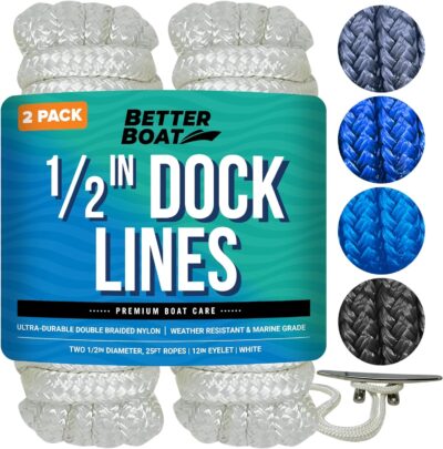 Boat Dock Lines & Rope Boat Ropes for Docking 1/2" Line Braided Mooring Marine Rope 25FT 1/2 Inch Nylon Rope Boat Dock Lines for Docking Boat Lines Boating Rope Braided with Loop Black 2 Pk