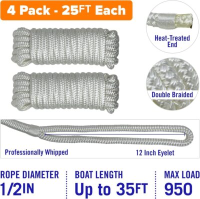 Boat Dock Lines & Rope Boat Ropes for Docking 1/2" Line Braided Mooring Marine Rope 25FT 1/2 Inch Nylon Rope Boat Dock Lines for Docking Boat Lines Boating Rope Braided with Loop Black 2 Pk