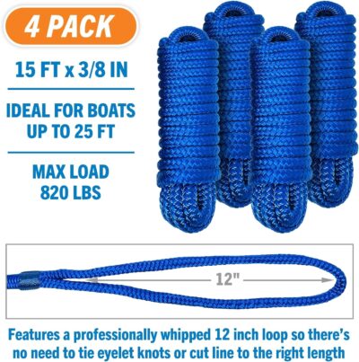 Boat Dock Lines & Rope Boat Ropes for Docking 1/2" Line Braided Mooring Marine Rope 25FT 1/2 Inch Nylon Rope Boat Dock Lines for Docking Boat Lines Boating Rope Braided with Loop Black 2 Pk