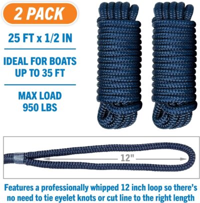 Boat Dock Lines & Rope Boat Ropes for Docking 1/2" Line Braided Mooring Marine Rope 25FT 1/2 Inch Nylon Rope Boat Dock Lines for Docking Boat Lines Boating Rope Braided with Loop Black 2 Pk