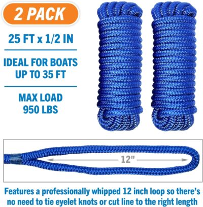 Boat Dock Lines & Rope Boat Ropes for Docking 1/2" Line Braided Mooring Marine Rope 25FT 1/2 Inch Nylon Rope Boat Dock Lines for Docking Boat Lines Boating Rope Braided with Loop Black 2 Pk