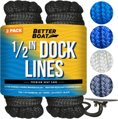 Boat Dock Lines & Rope Boat Ropes for Docking 1/2" Line Braided Mooring Marine Rope 25FT 1/2 Inch Nylon Rope Boat Dock Lines for Docking Boat Lines Boating Rope Braided with Loop Black 2 Pk