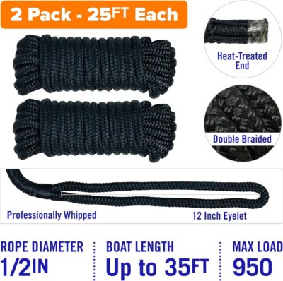 Boat Dock Lines & Rope Boat Ropes for Docking 1/2" Line Braided Mooring Marine Rope 25FT 1/2 Inch Nylon Rope Boat Dock Lines for Docking Boat Lines Boating Rope Braided with Loop Black 2 Pk