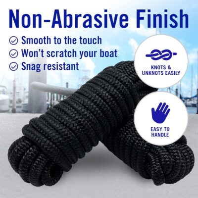 Boat Dock Lines & Rope Boat Ropes for Docking 1/2" Line Braided Mooring Marine Rope 25FT 1/2 Inch Nylon Rope Boat Dock Lines for Docking Boat Lines Boating Rope Braided with Loop Black 2 Pk